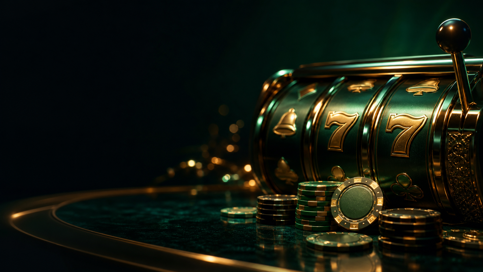 Slot reels and casino chips in an emerald game room